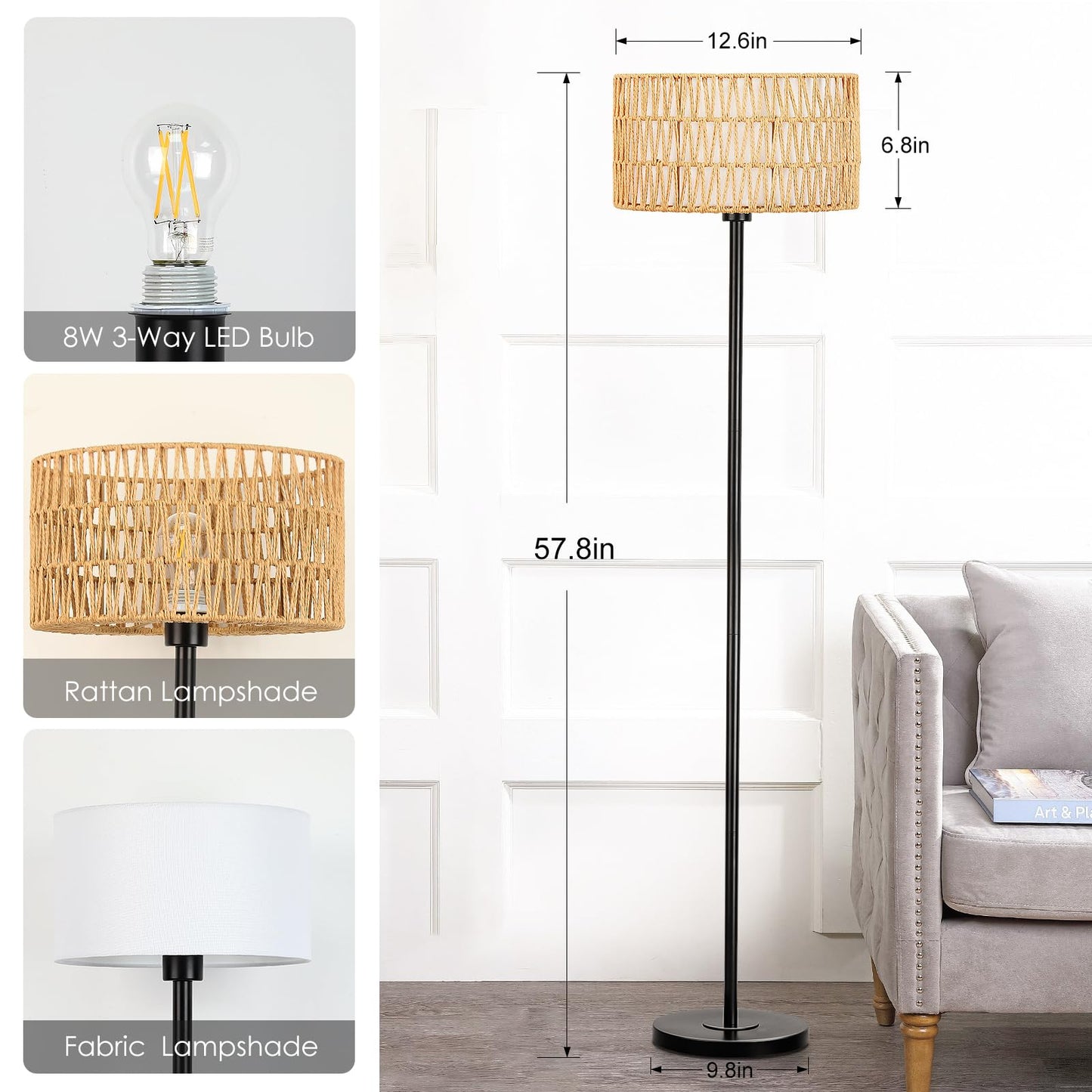 Lampa de podea Qingmiao Rattan Boho LED 8W baza metalica neagra
