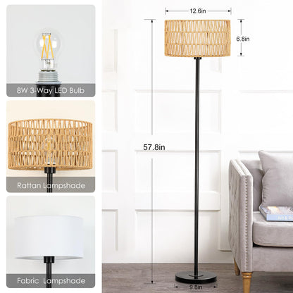 Lampa de podea Qingmiao Rattan Boho LED 8W baza metalica neagra