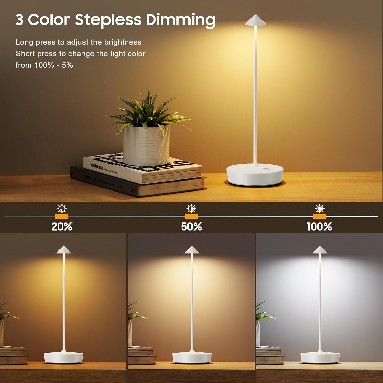 Paquete de 2 lámparas de mesa inalámbricas recargables, lámpara de mesa LED portátil para exteriores, impermeable, 6000 mAh, lámpara de escritorio, 3 colores de atenuación continua para