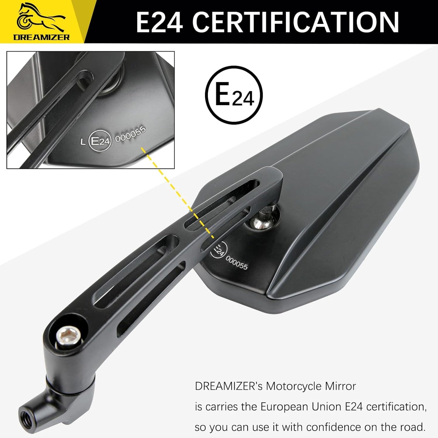 DREAMIZER E24 E-Mark Motorcycle Mirror, 8mm 10mm Motorcycle Side Mirror Compatible with Z900 Z1000 Z800 Z650 Z750 Z300 Z250 Z125 ER6N XJ6, MT03 MT09 MT10 MT07, ATV Quad Scooter ATV Touring Chopper