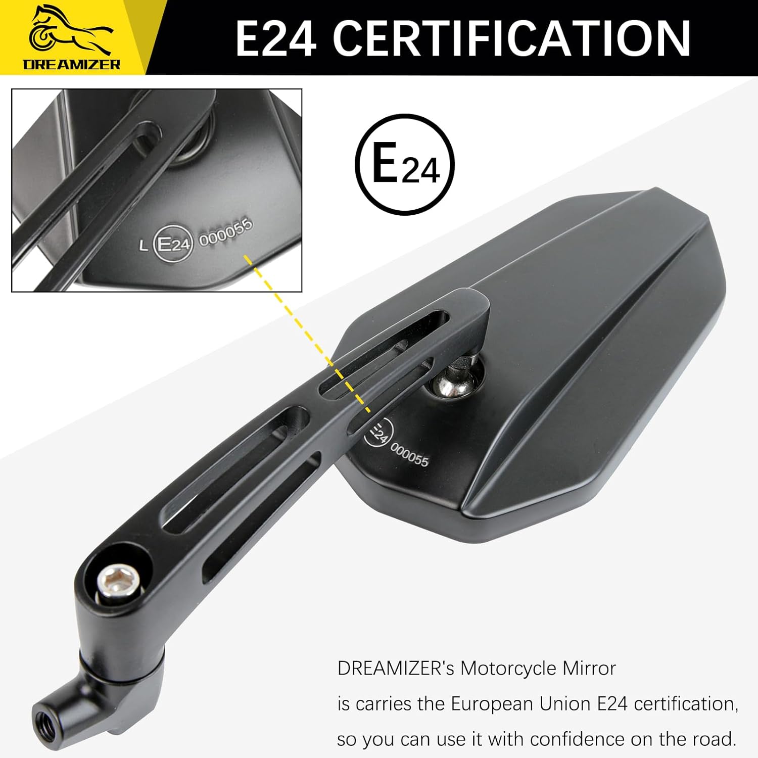 DREAMIZER E24 E-Mark Motorcycle Mirror, 8mm 10mm Motorcycle Side Mirror Compatible with Z900 Z1000 Z800 Z650 Z750 Z300 Z250 Z125 ER6N XJ6, MT03 MT09 MT10 MT07, ATV Quad Scooter ATV Touring Chopper
