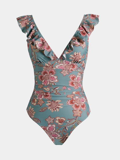 Costum de baie monokini CUPSHE cu decolteu in V si volane, control al abdomenului, marimea M, model floral verde/rosu