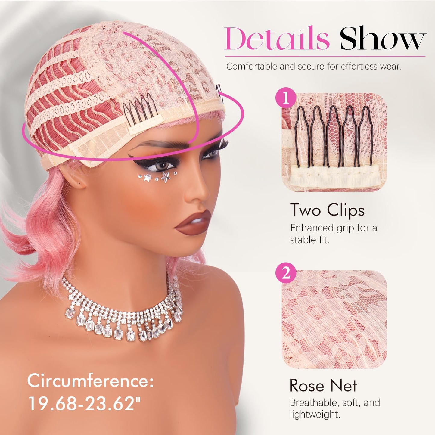 Peruca SOFEIYAN Bob Wavy Pink 30 cm, breton, fibra termorezistenta