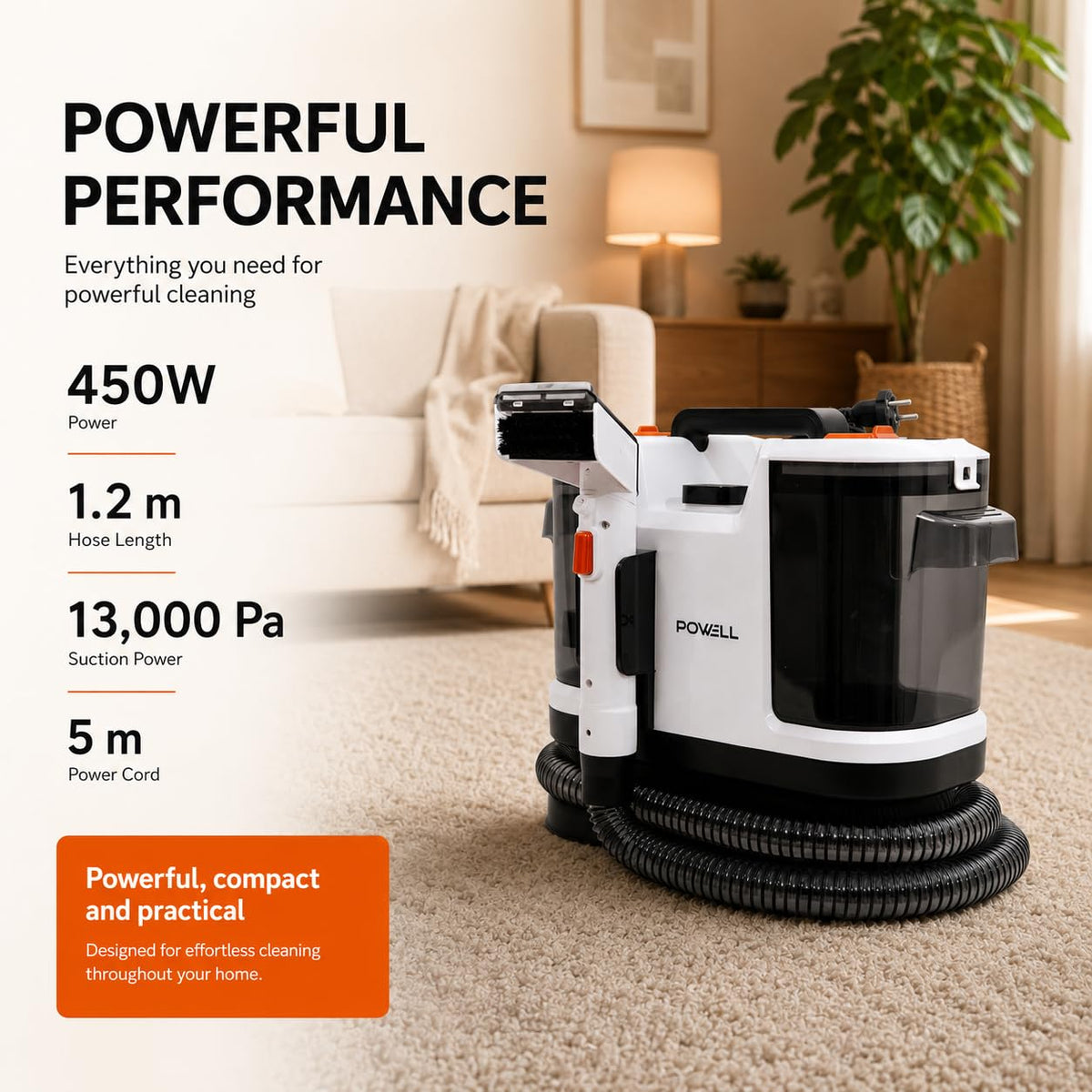 Aparat curatat covoare POWELL 304W 450W 13000Pa alb compact