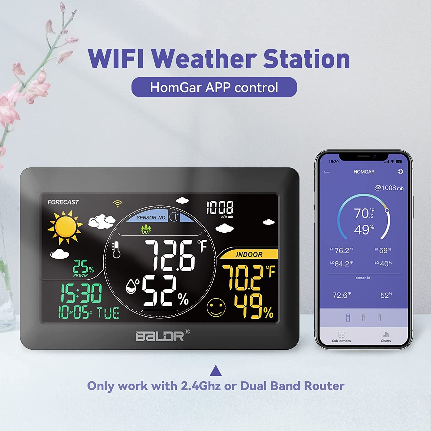 BALDR Wireless Weather Station with Outdoor Sensor, 2.4 GHz WiFi / App Control, 7.5 Inch VA Display, Weather Forecast in Real Time, Real Time Calibration Time, Digital Thermometer Hygrometer Indoor