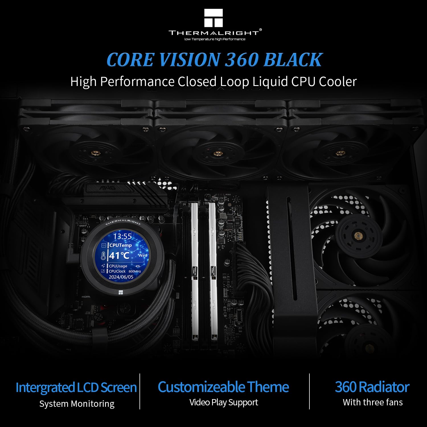 Thermalright CORE Vision 360 Black CPU AIO Cooler,IPS LCD Screen with 480 * 480 Resolution,for AM5&Intel 1700/1851,High-Performance 360 Specs Water-Cooled Radiator with 2.1in Removable Display