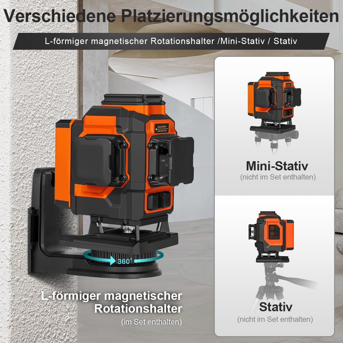 Cross Line Laser Green, 3 x 360 Degree Laser Spirit Level, Self-Levelling, 3D Cross Laser 12 Line Laser, Construction Laser for Indoor Construction Site, Wall Laser with Rechargeable Battery (Type-C)