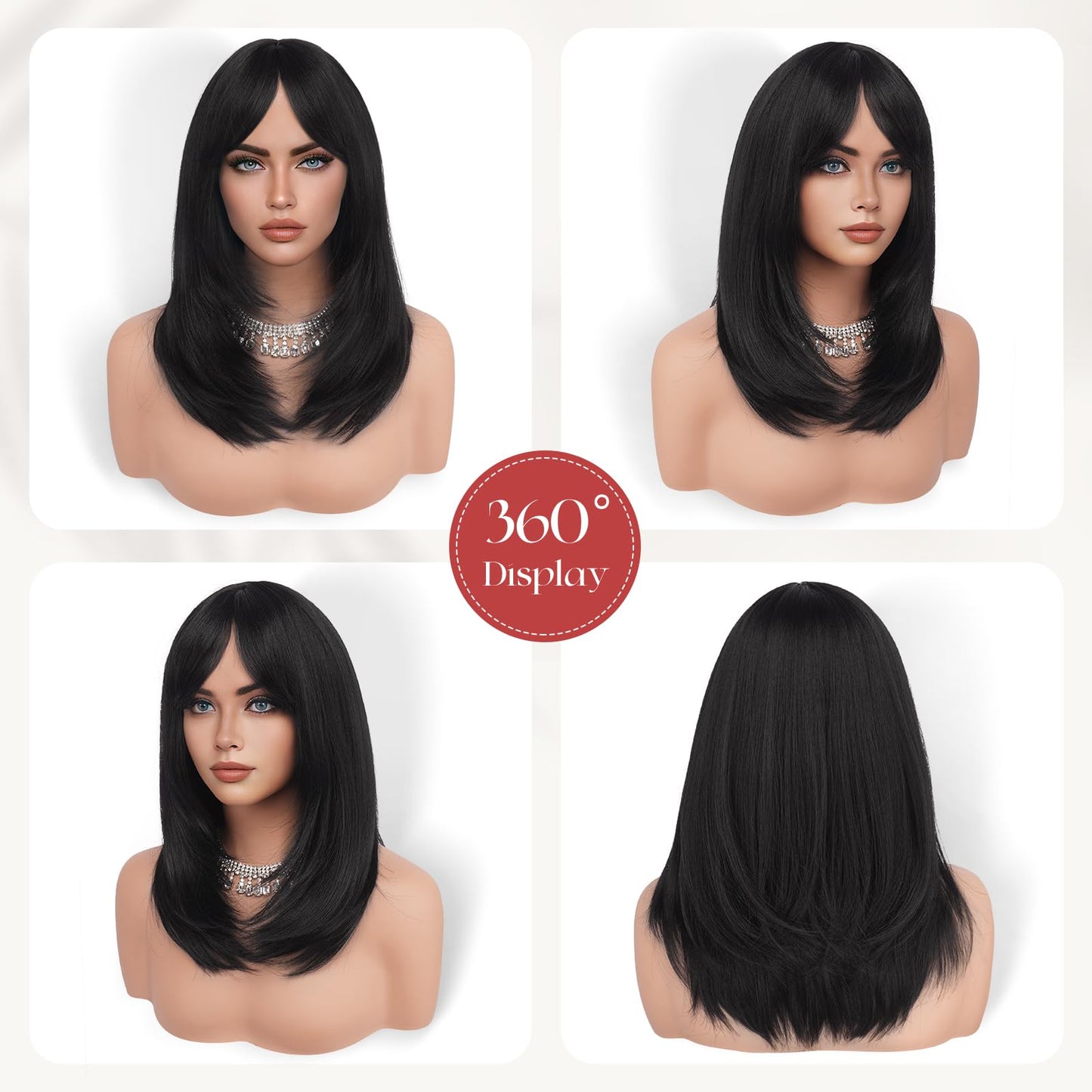 Peruca Sofeiyan Long Straight Wig 40 cm Negru Natural cu Breton