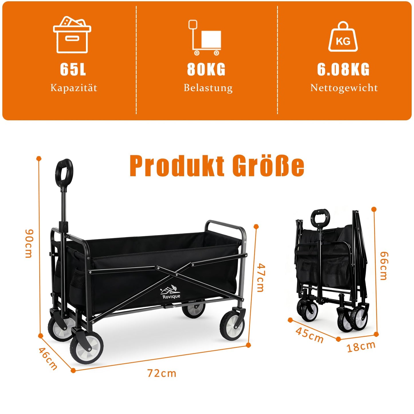 Carucior pliabil Rovique RWK-001 80 kg, maner reglabil, metal