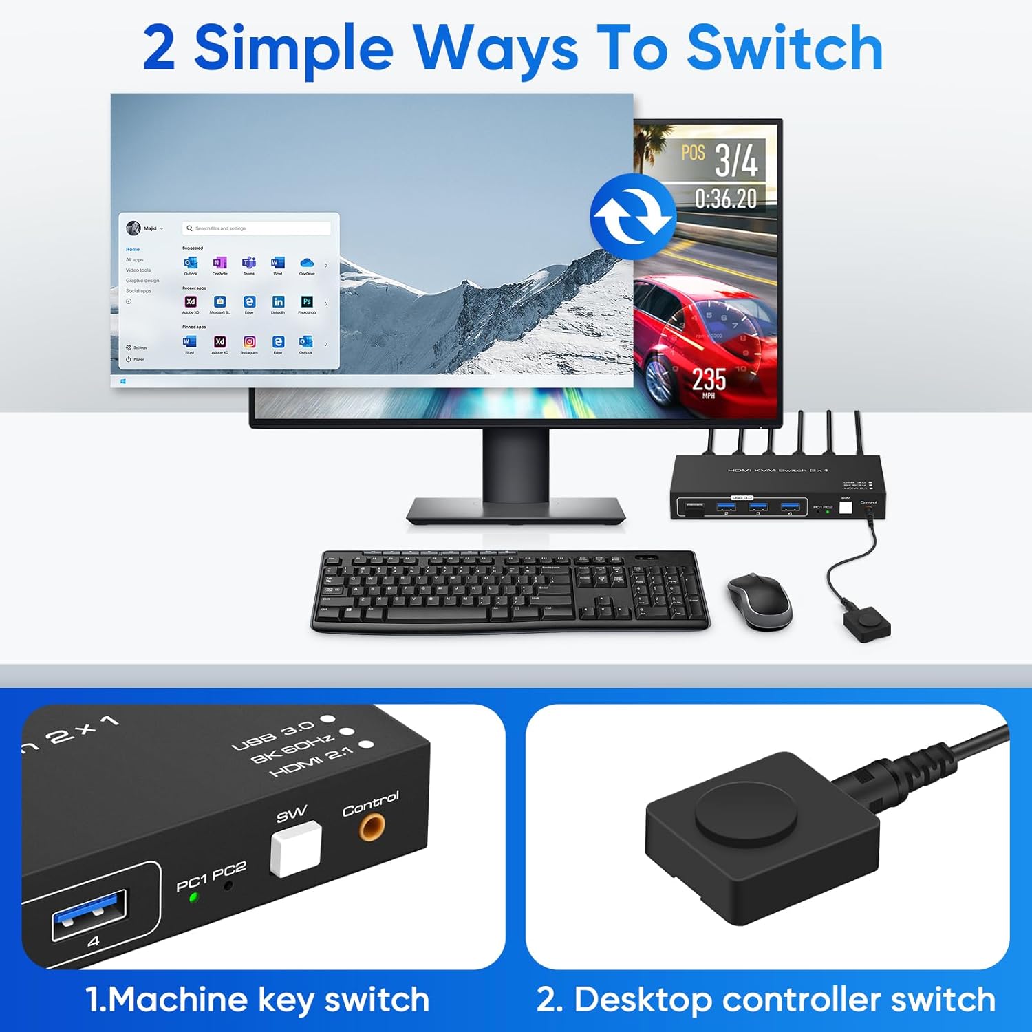 Conmutador KVM HDMI de 8K a 60hz con 3 USB 3.0, conmutadores KVM, 4 concentradores USB, 2 computadoras, 1 interruptor de monitor compatible con 4K@120Hz, 2 PCs Share Keyboard Mouse Printer Scanner,