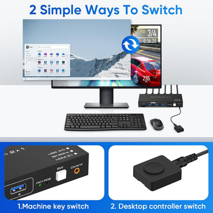 Conmutador KVM HDMI de 8K a 60hz con 3 USB 3.0, conmutadores KVM, 4 concentradores USB, 2 computadoras, 1 interruptor de monitor compatible con 4K@120Hz, 2 PCs Share Keyboard Mouse Printer Scanner,