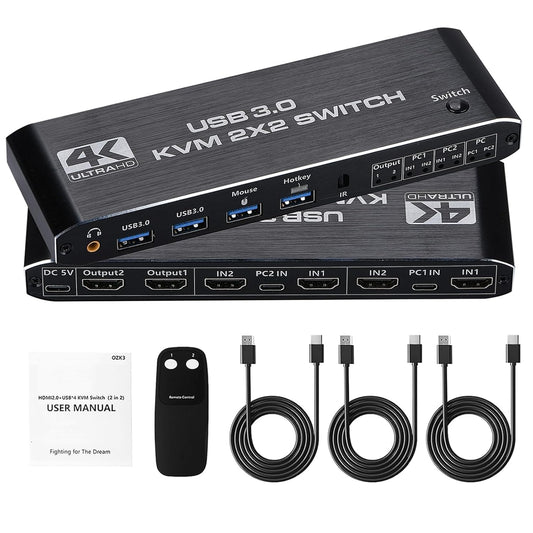 USB 3.0 Display 4K @ 60Hz KVM Switch Dual Monitor 2 in 2 out HDMI KVM Switch with Keyboard Hotkey