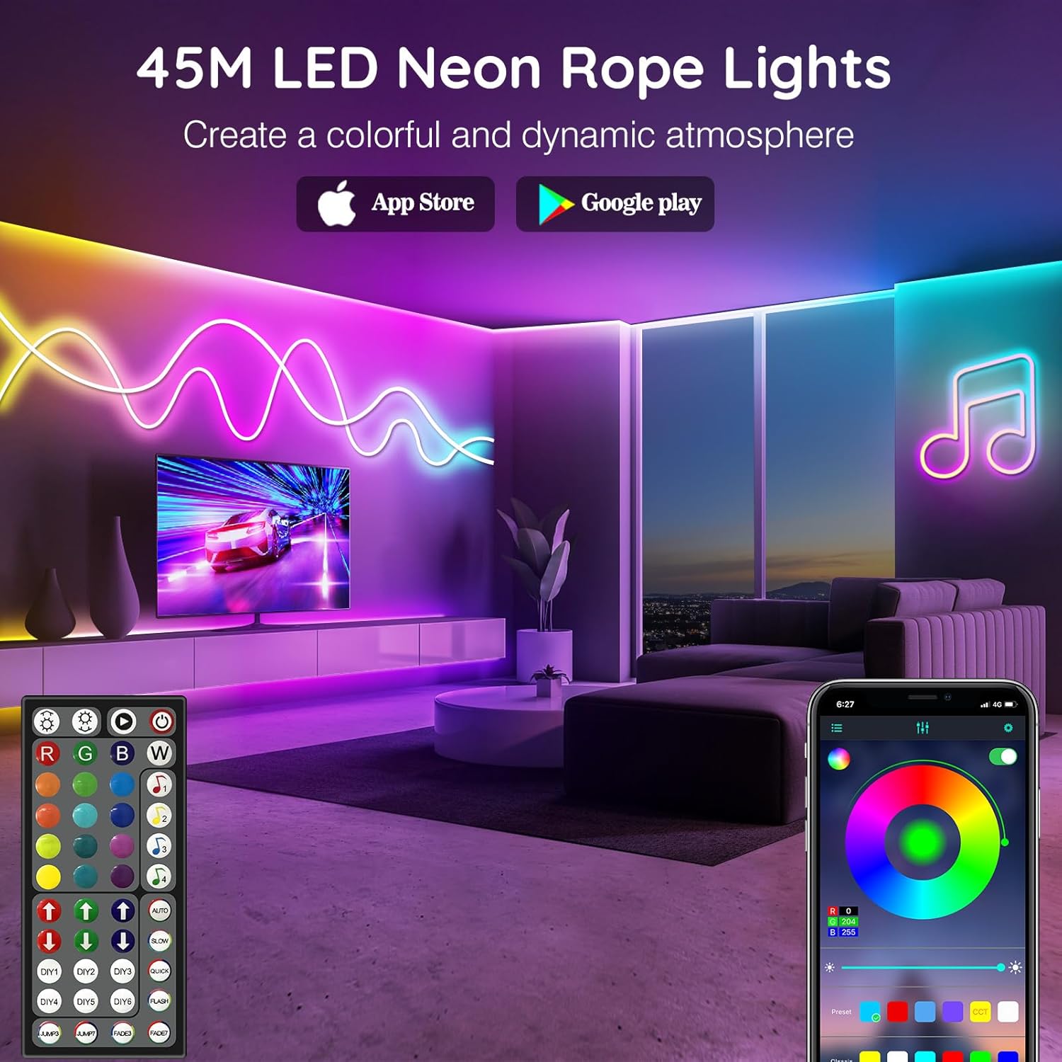 LETIANPAI 45m Neon Rope Lights, Flexible LED Cord Lights Controlled with App/Remote, Multiple Modes, IP65 Outdoor RGB Light Waterproof, Music Sync Led Neon