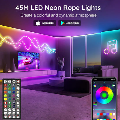 LETIANPAI 45m Neon Rope Lights, Flexible LED Cord Lights Controlled with App/Remote, Multiple Modes, IP65 Outdoor RGB Light Waterproof, Music Sync Led Neon