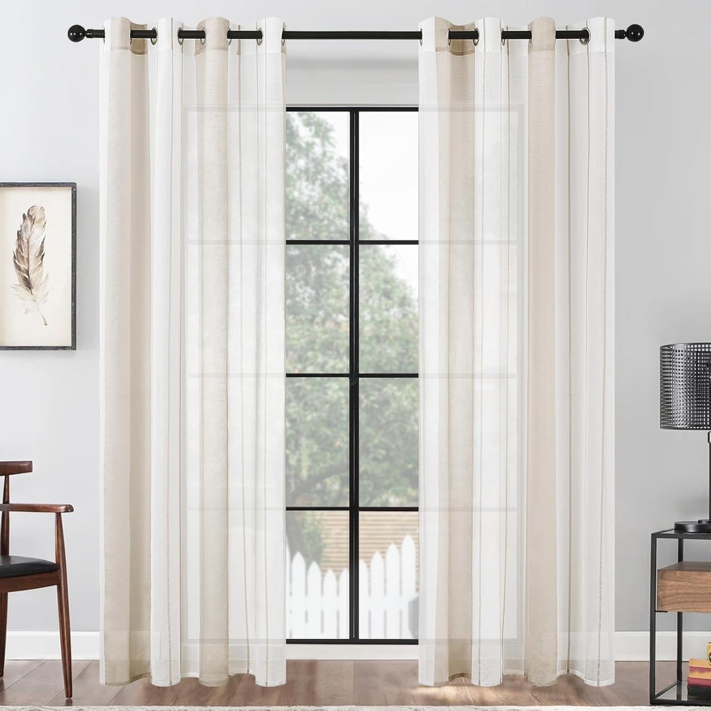 MRTREES Voile Curtains 102 Drop 2 Panels Cream and White Eyelet Voile Curtain with Stripe Design Semi Sheer Curtains For Kids Living Room Bedroom Kitchen Curtains 55x102 Inch 140x260 cm