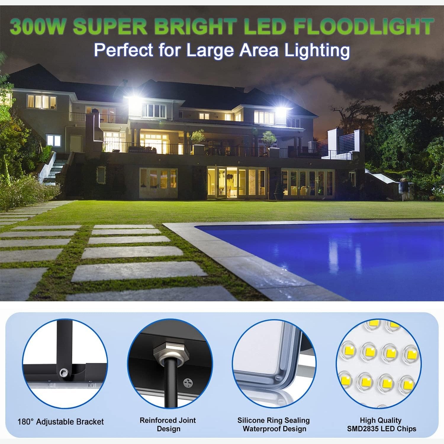 YIQIBRO 300W LED Floodlight Outdoor 2 Pack, IP67 Waterproof Outside Security Lights, 30000LM 7000K Cool White LED Floods Light Outdoor Spotlight for Garden, Garage, Warehouse, Workshop, Factory