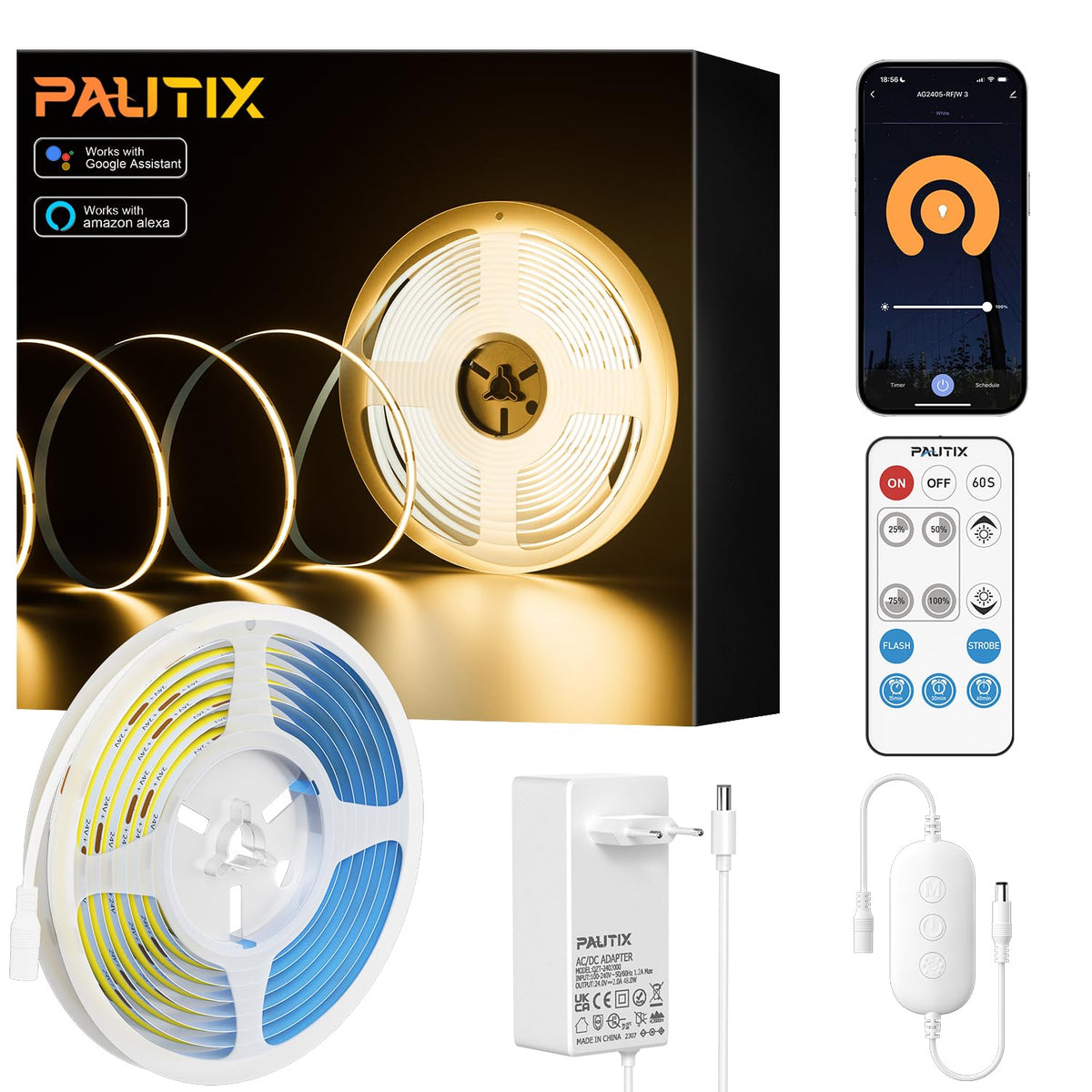 Banda LED PAUTIX COB 10m 2700K 24V Dimmabila cu telecomanda RF