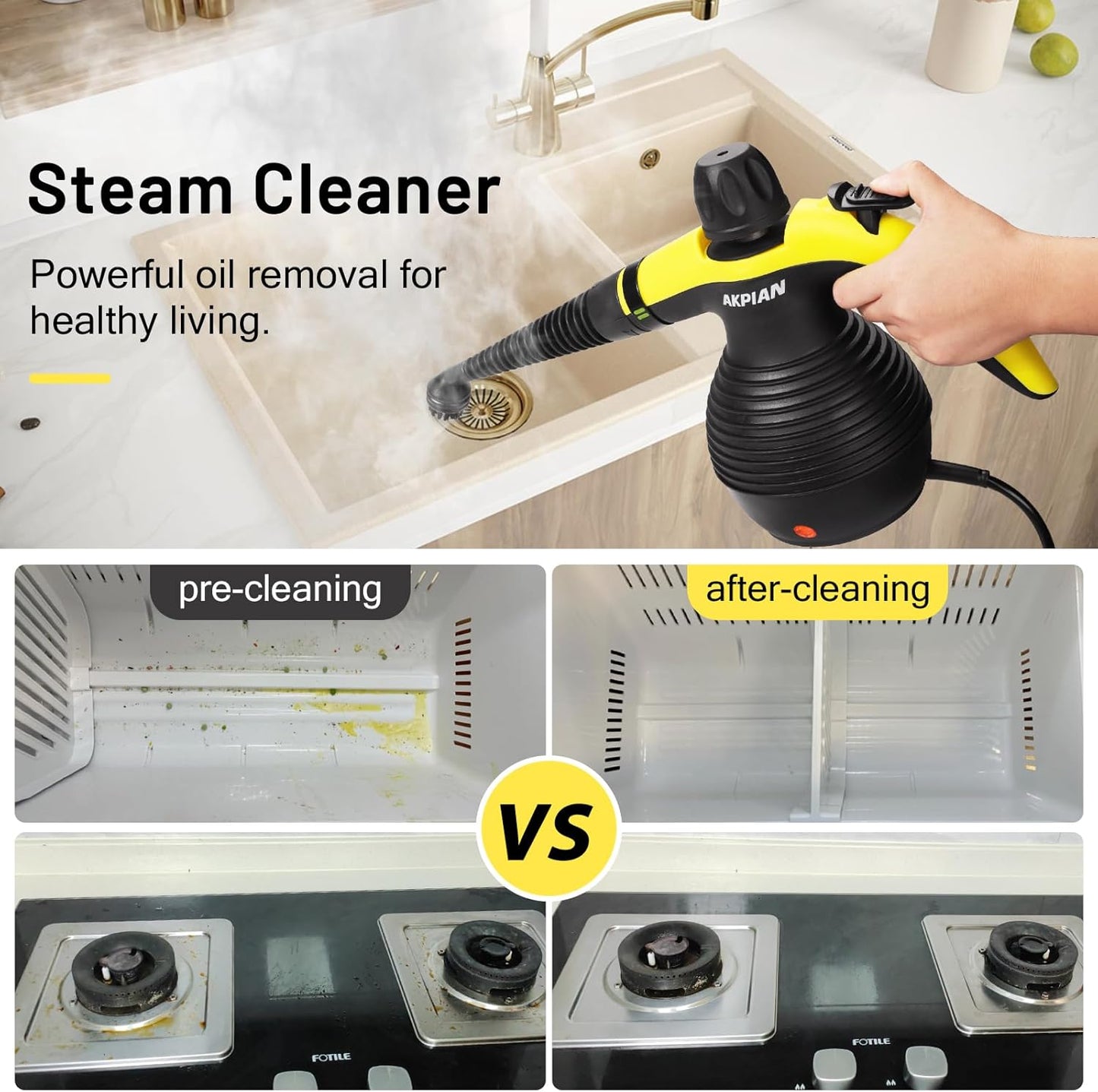 Handheld Steam Cleaner, Steam Cleaner, Cleaning Steamer, Portable Multi-Purpose Steam Cleaner with Safety Lock and 10 Piece Accessory Kit for Removing Dirt, Grease