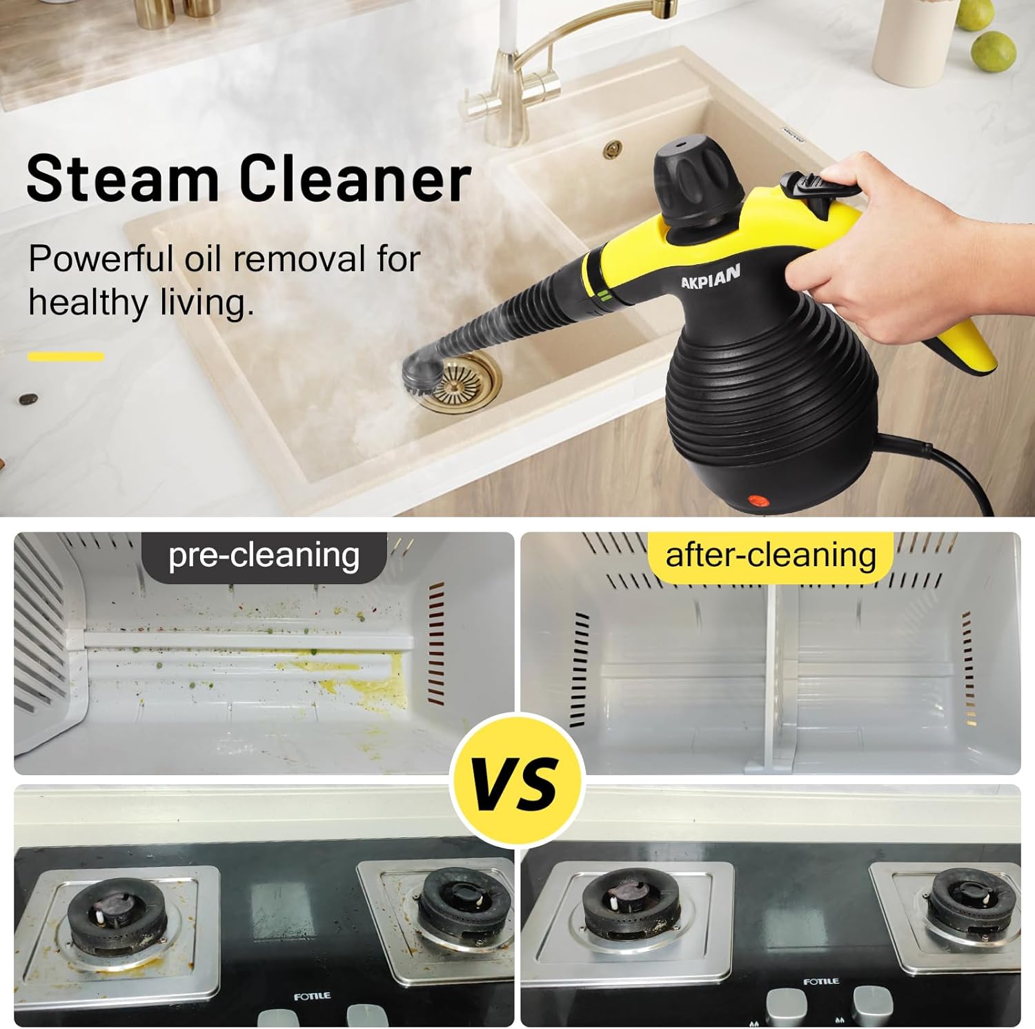 Handheld Steam Cleaner, Steam Cleaner, Cleaning Steamer, Portable Multi-Purpose Steam Cleaner with Safety Lock and 10 Piece Accessory Kit for Removing Dirt, Grease
