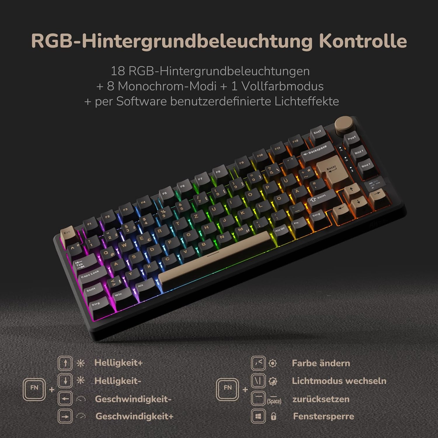 RK ROYAL KLUDGE M75 Gaming Keyboard Wireless, 75% Percent TKL Mechanical Keyboard, RGB, 2.4GHz Wireless/Bluetooth/USB-C, QWERTZ with OLED Smart Display and Button, Hot-Swappable Brown Switch, Grey