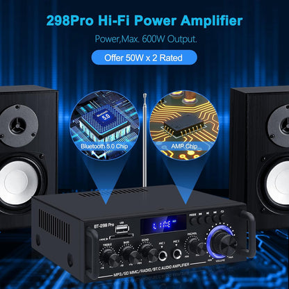 HiFi Stereo Audio Amplifier-BT-298Pro Bluetooth 5.0 Home Speakers Amplifier 50W X 2 Max. 600W Output Mini Digital Power Amplifier Receiver with Echo,MIC,USB, FM Radio