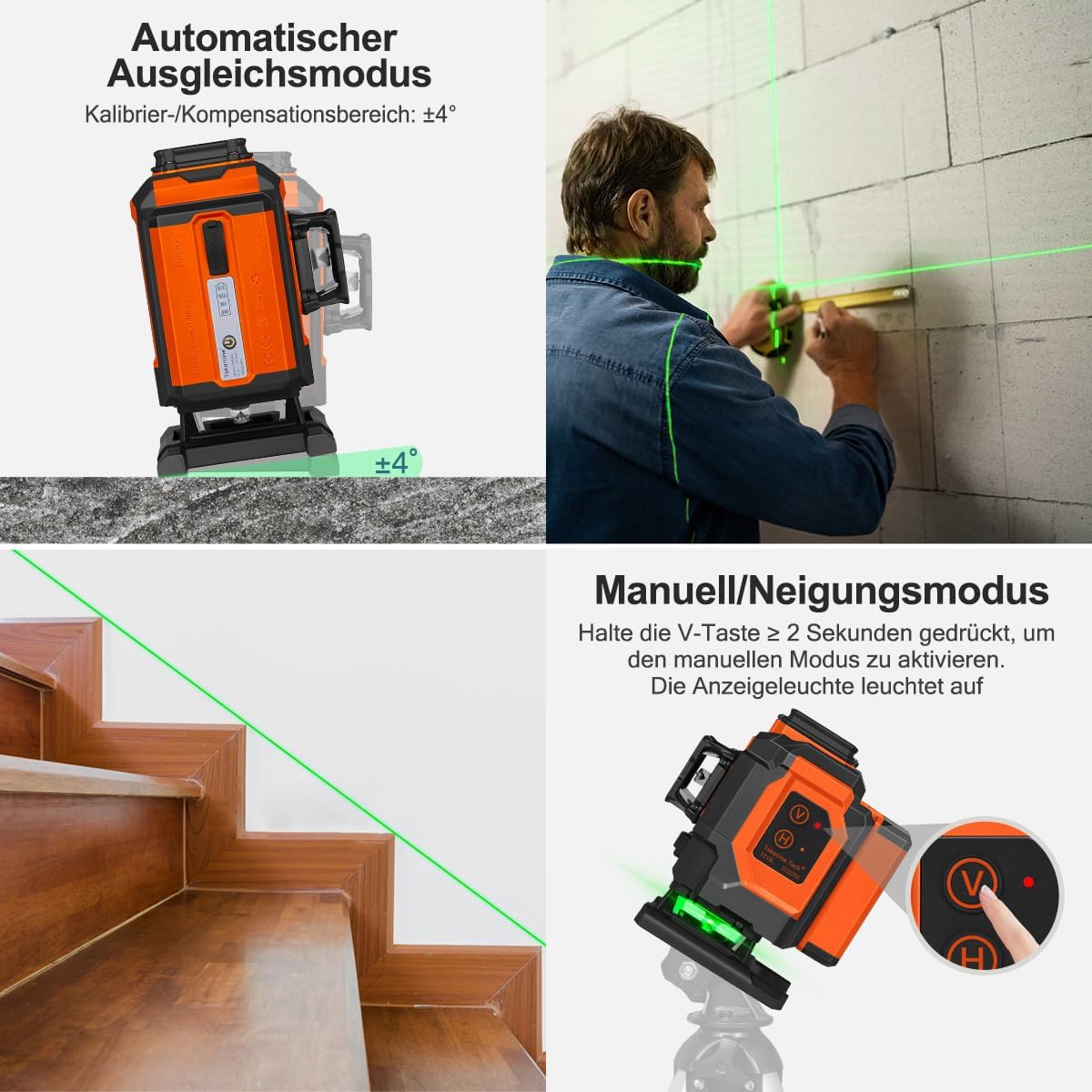 Cross Line Laser Green, 3 x 360 Degree Laser Spirit Level, Self-Levelling, 3D Cross Laser 12 Line Laser, Construction Laser for Indoor Construction Site, Wall Laser with Rechargeable Battery (Type-C)