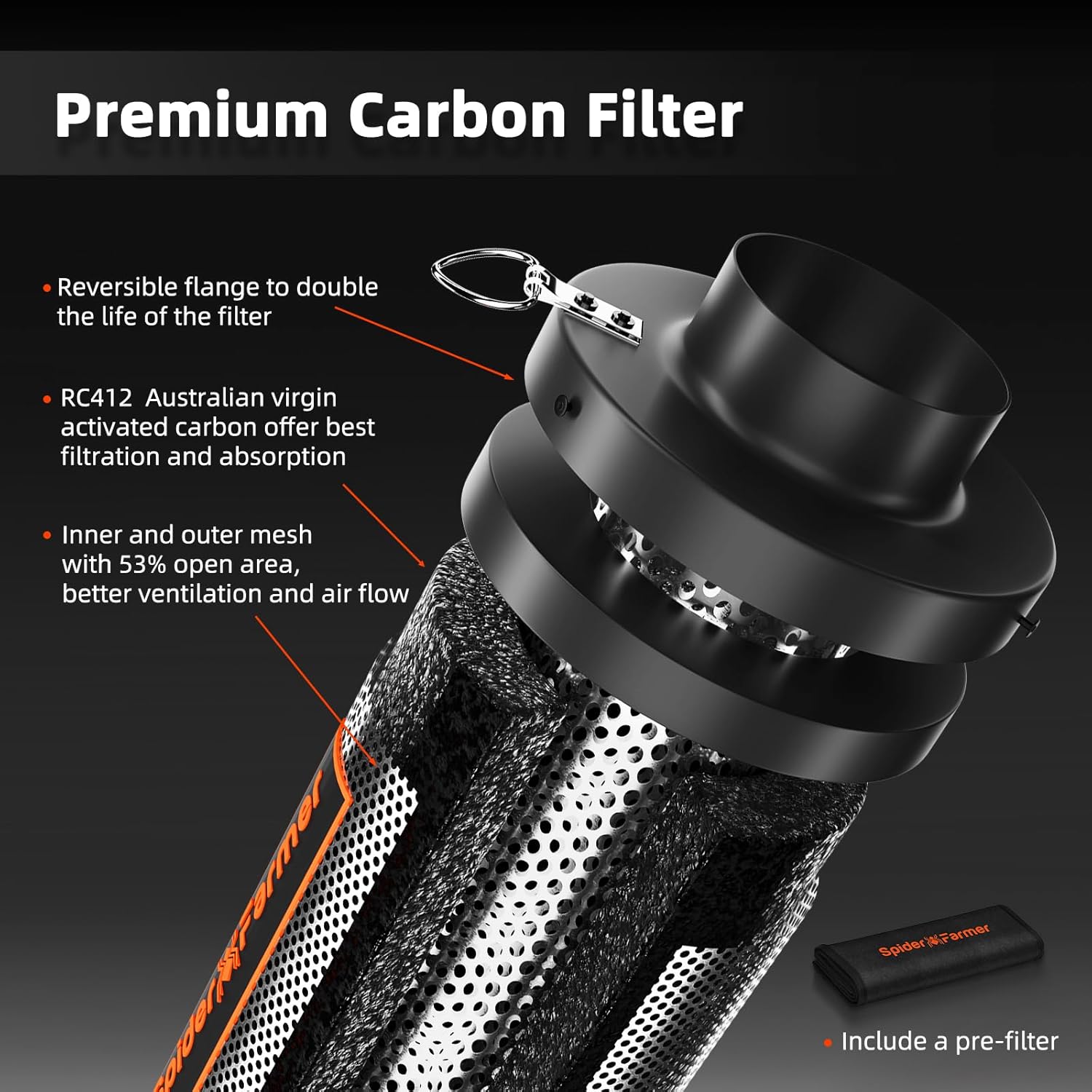 Spider Farmer Activated Carbon Filter, 150 mm/6 Inch Carbon Filter, Air Carbon Filter, Lightweight Australian Activated Carbon for Grow Tent, Odour Control, Air Washer for Pipe Fan, Air Filtration