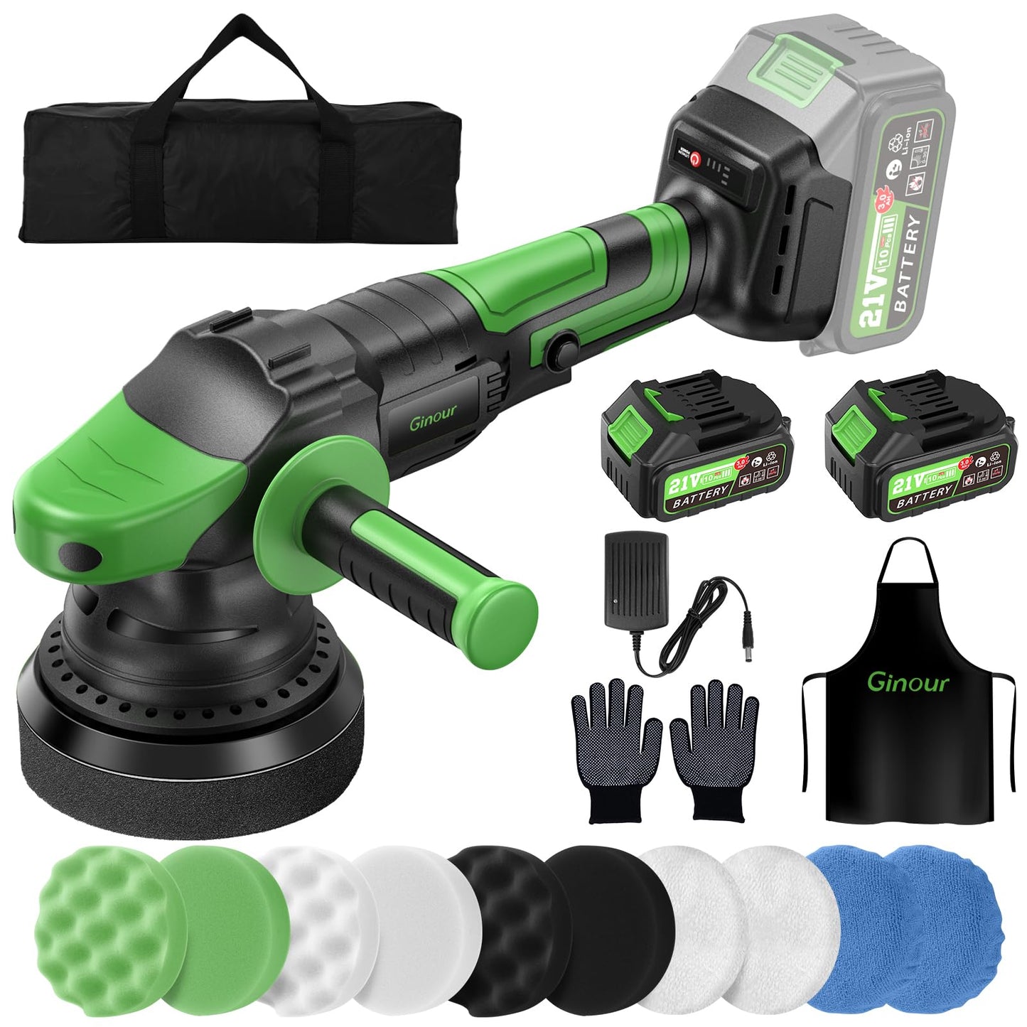 Masina de polisat auto Polizor orbital 15 mm 125 mm Ginour, 21V 2x3Ah, brushless 900W