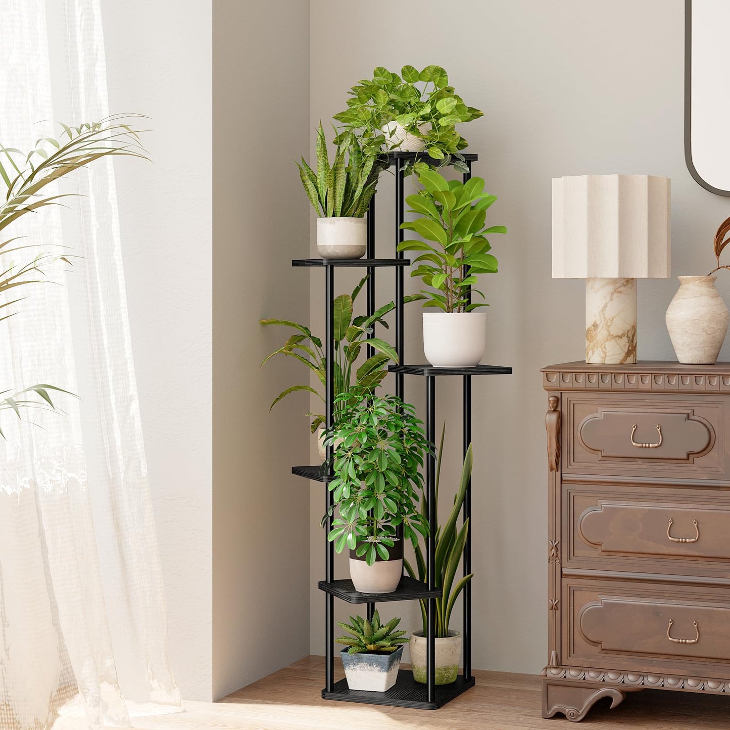 Suport plante Bamworld TM02H-6 Black 6 niveluri metal si lemn