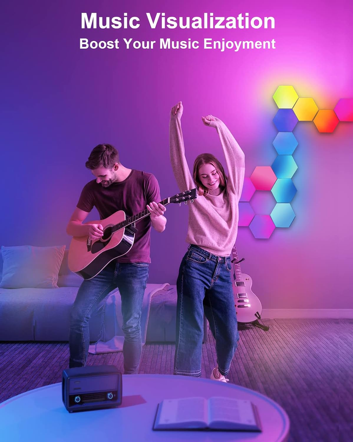 Amailtom Hexagon LED Lights, Smart Hexagon Gaming Wall Lights App & Remote Control, LED Light Panels Music Sync, DIY Geometry RGB Room Light for Gaming Room Living Bedroom Streaming, 7 Panels