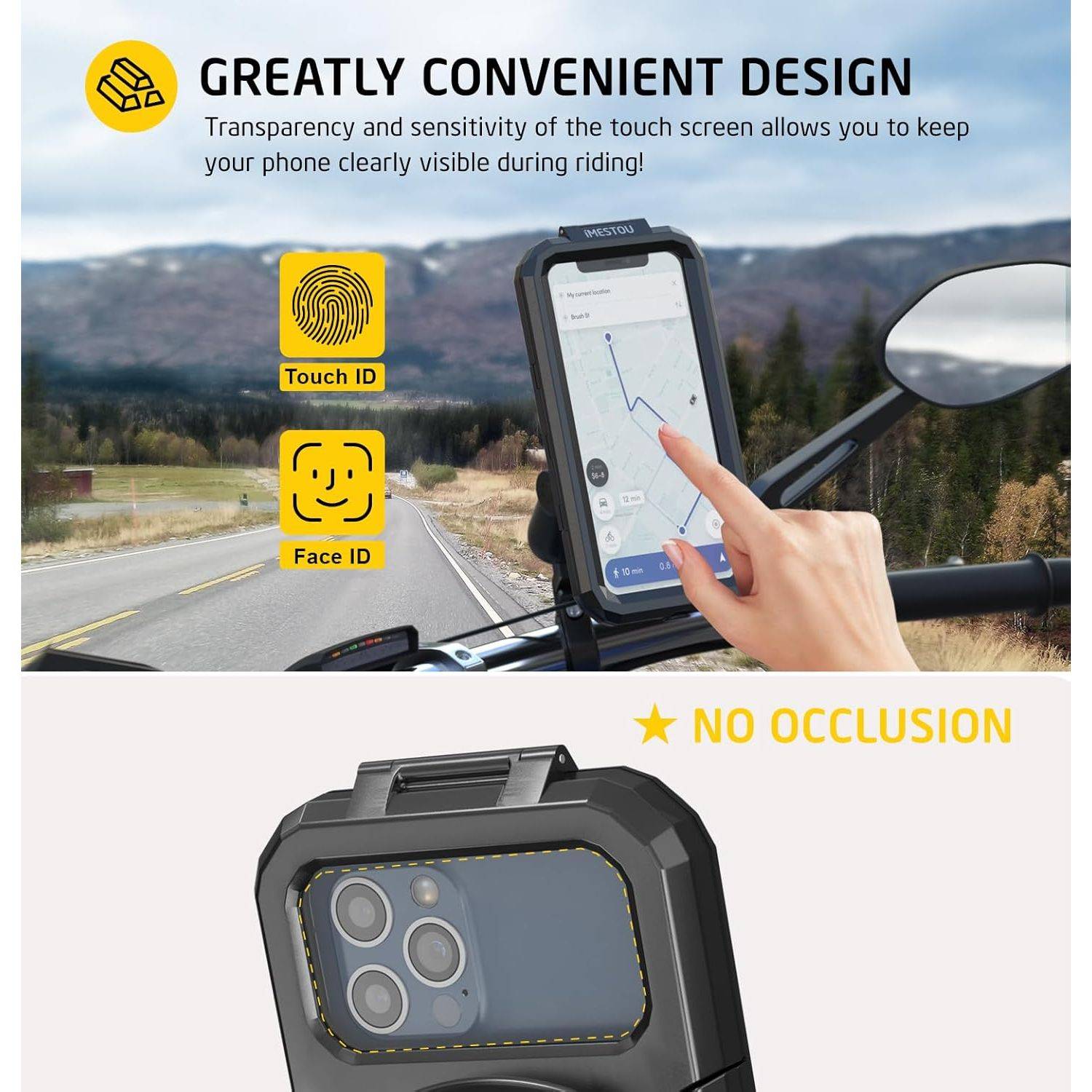 iMESTOU IP66 Waterproof Bicycle Mobile Phone Holder with 2.5 cm Ball Head, Suitable for RAM B Components / 2.5 cm Double Socket Arms, Suitable for 3.5 - 6.1 Inch Mobile Phones with Max. Thickness 1.1