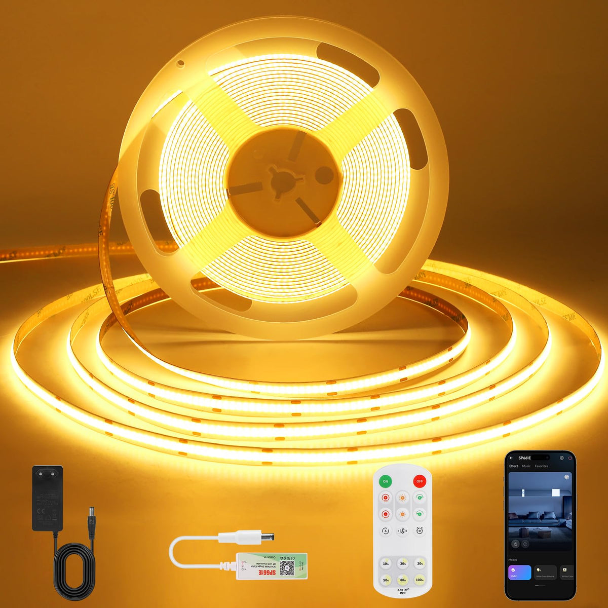 Banda LED Ruan App Control COB 5m 24V 6000K alb rece