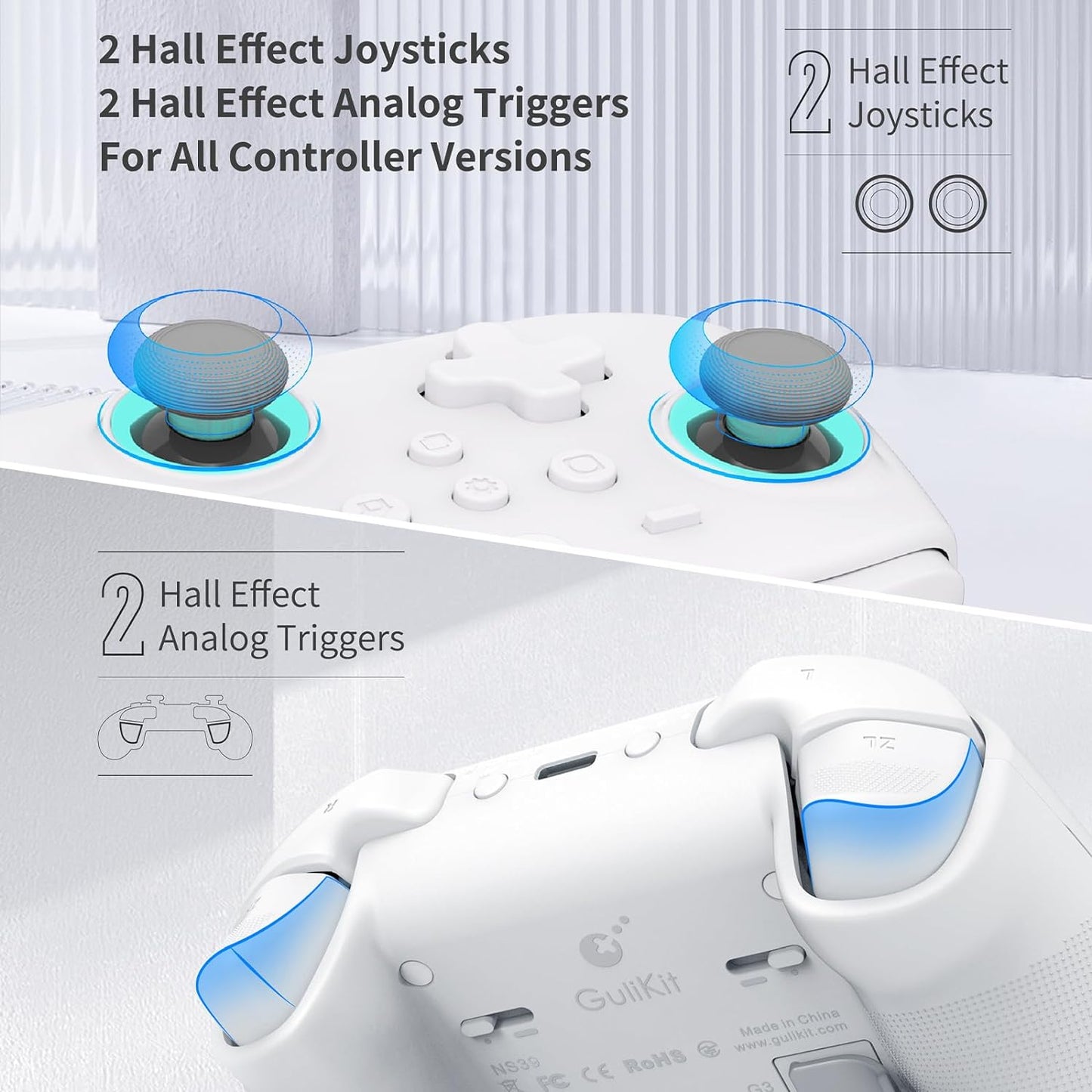 [No Drift] GuliKit KK3 Max Bluetooth Controller, Kingkong 3 Max Wireless Controller for Switch/Switch OLED, Hall Effect Joystick/Triggers, Maglev/Rotor/HD Vibration, Hyperlink Adapter (White)