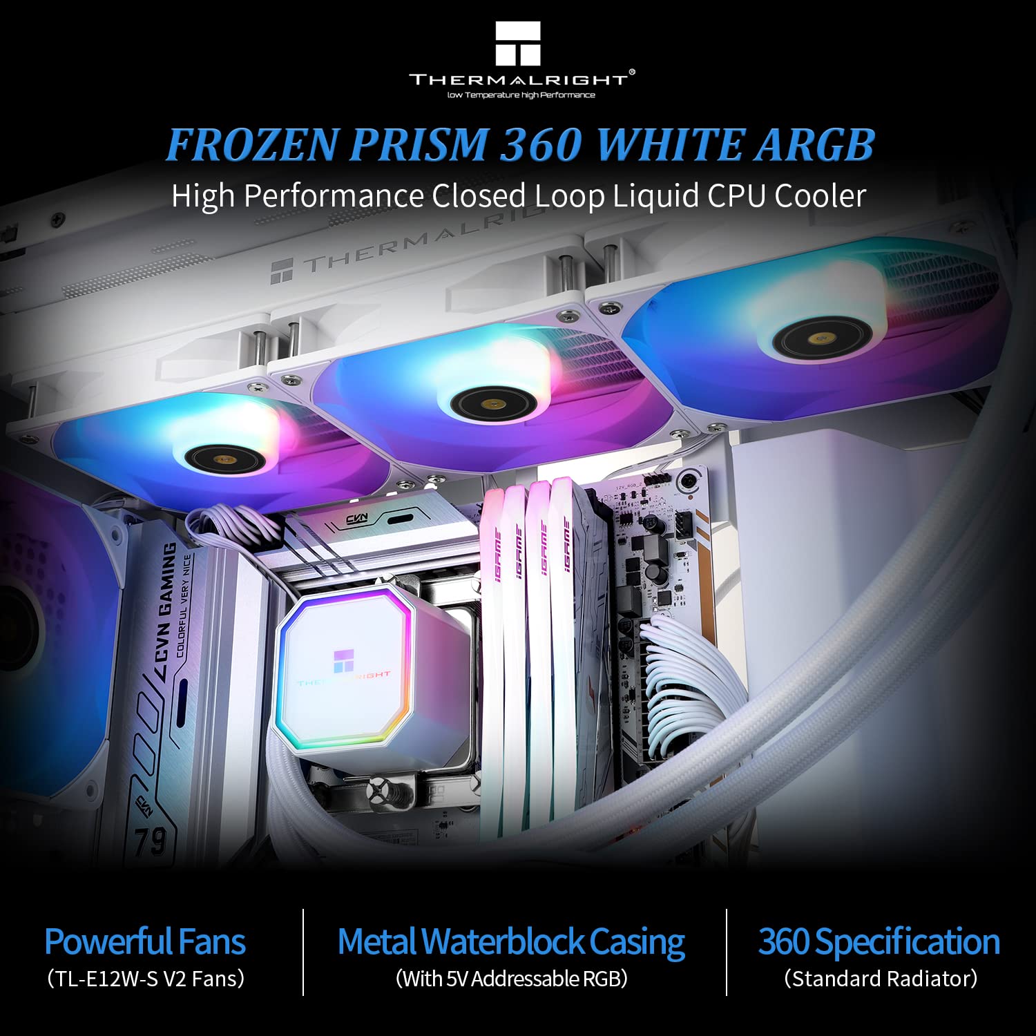 Thermalright Frozen Prism 360 White ARGB AIO Water Cooler,Liquid CPU Cooler, 3×120mm PWM Fans Water Cooling System,1850RPM High Speed,Compatible with AMD/AM4/AM5 & Intel LGA1156/1200/2011/1700