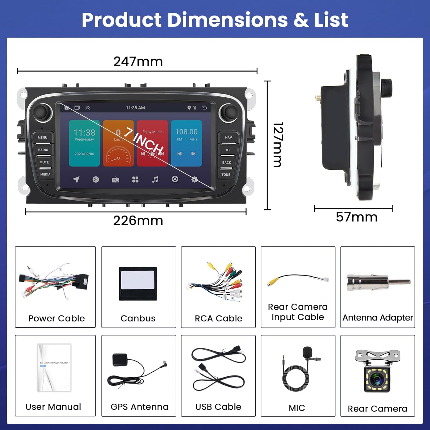 Hikity Android13 Car Radio with Sat Nav for Ford Focus S-Max Galaxy C-Max, 1G 32G 7 Inch Car Radio 2Din with GPS/Mirror Link/WiFi/Bluetooth/FM/2USB/MIC/Reversing Camera