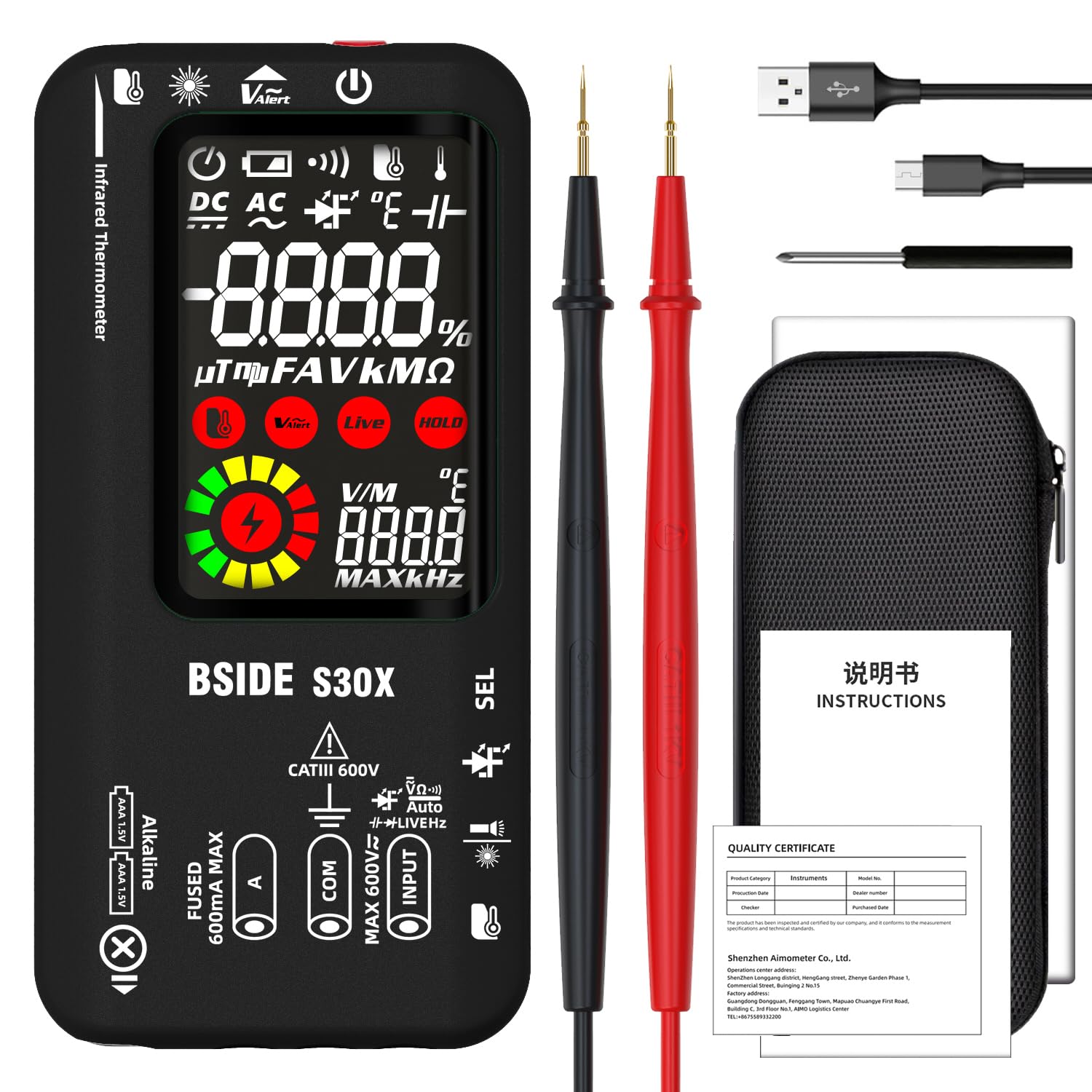 BSIDE Smart Digital Multimeter with IR Thermometer 12:1 High Voltage Diode Tester 9999 Counts Dual Powered Electrical Tester Multifunction Voltage Capacitance Meter for HVAC LED Automotive Electronic