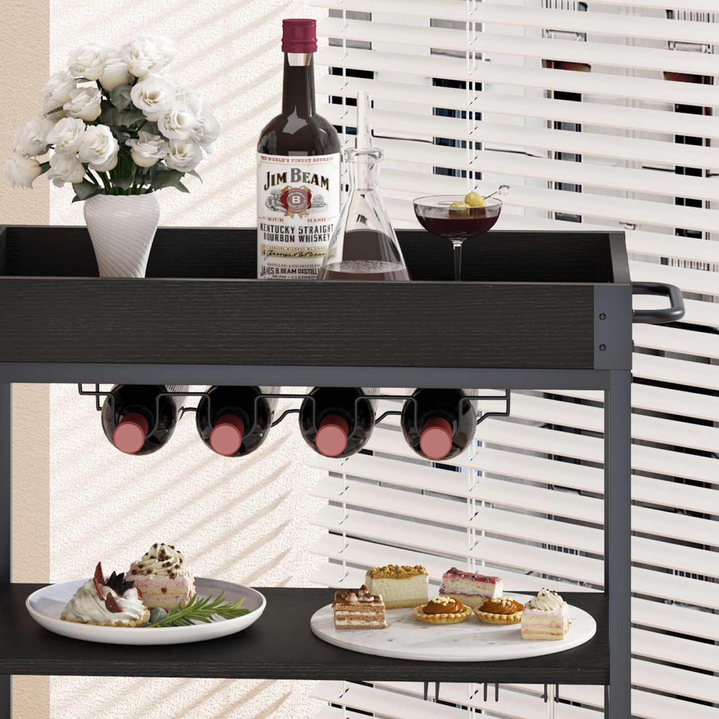 Carucior servire Huhote elegant 3 rafturi, suport sticle, negru