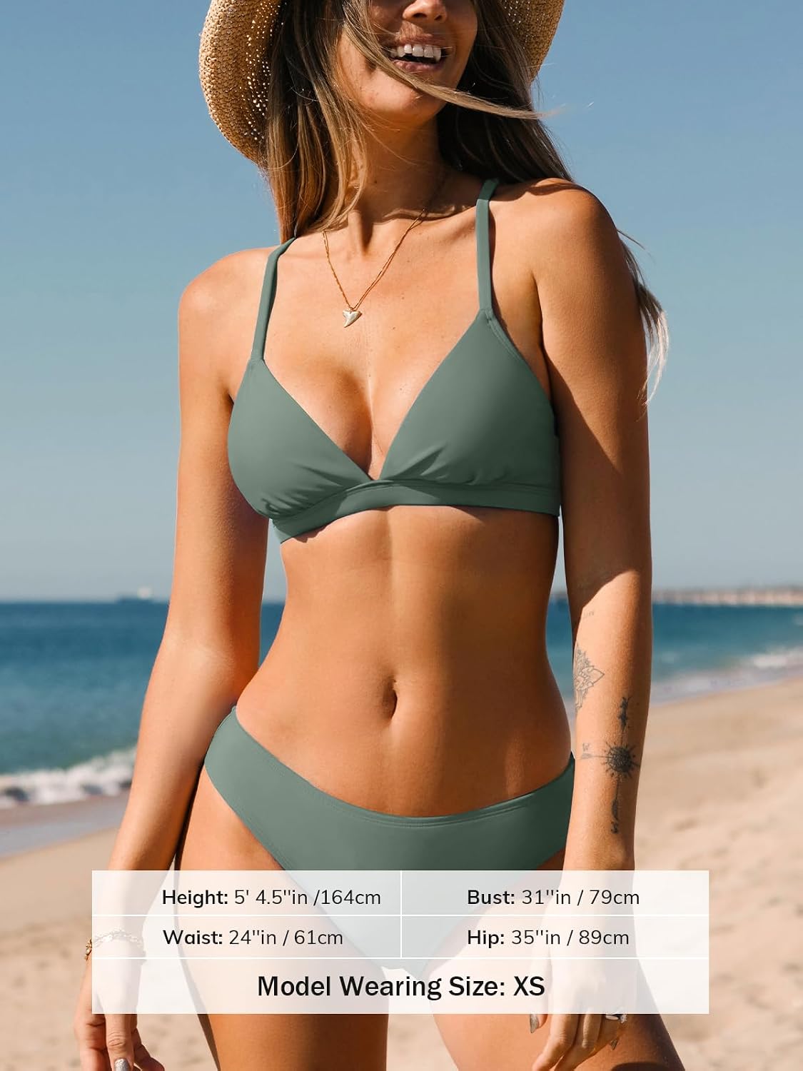 Costum de baie bikini CUPSHE din doua piese, cu detalii contrastante, marimea L, verde salvie