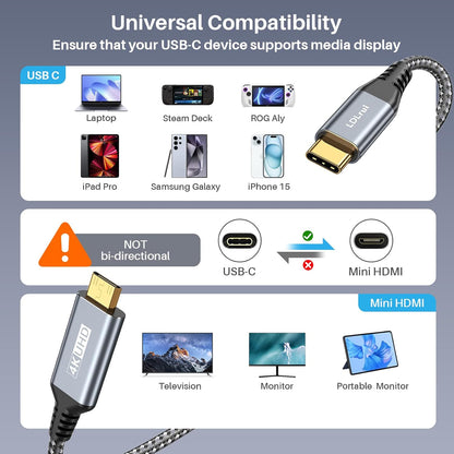 LDLrui USB C zu Mini HDMI Kabel 1.5M, 4K@60Hz Type C zu Mini HDMI 2.0 HDR Kabel für Laptop,MacBook,iPad Pro,iPhone 15 Serie,ROG Ally,Steam Deck, Galaxy S Serie zu Portable Monitor