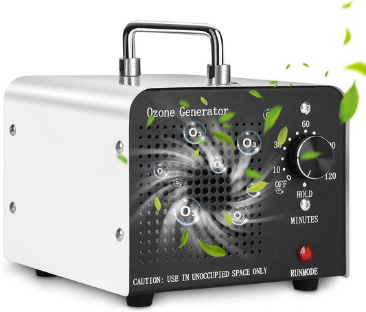 Ozone Generator 60,000 mg/h Ozone Device for 400 m², Portable O3 Ozone Air Purifier, Ozone Device with 120 Minute Timer, Odour Killer, Odour Neutraliser for Room, Office, Garage, Cars, Smoke and Pets