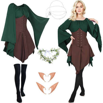 FOVER Medieval Gothic Clothing Women's Traditional Irish Dress Renaissance Green Dresses Carnival Halloween Costume Pirate Cosplay Outfit with Head Chain Flower Wreath Elf Ears Overknee Socks