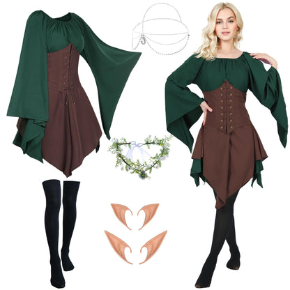 FOVER Medieval Gothic Clothing Women's Traditional Irish Dress Renaissance Green Dresses Carnival Halloween Costume Pirate Cosplay Outfit with Head Chain Flower Wreath Elf Ears Overknee Socks