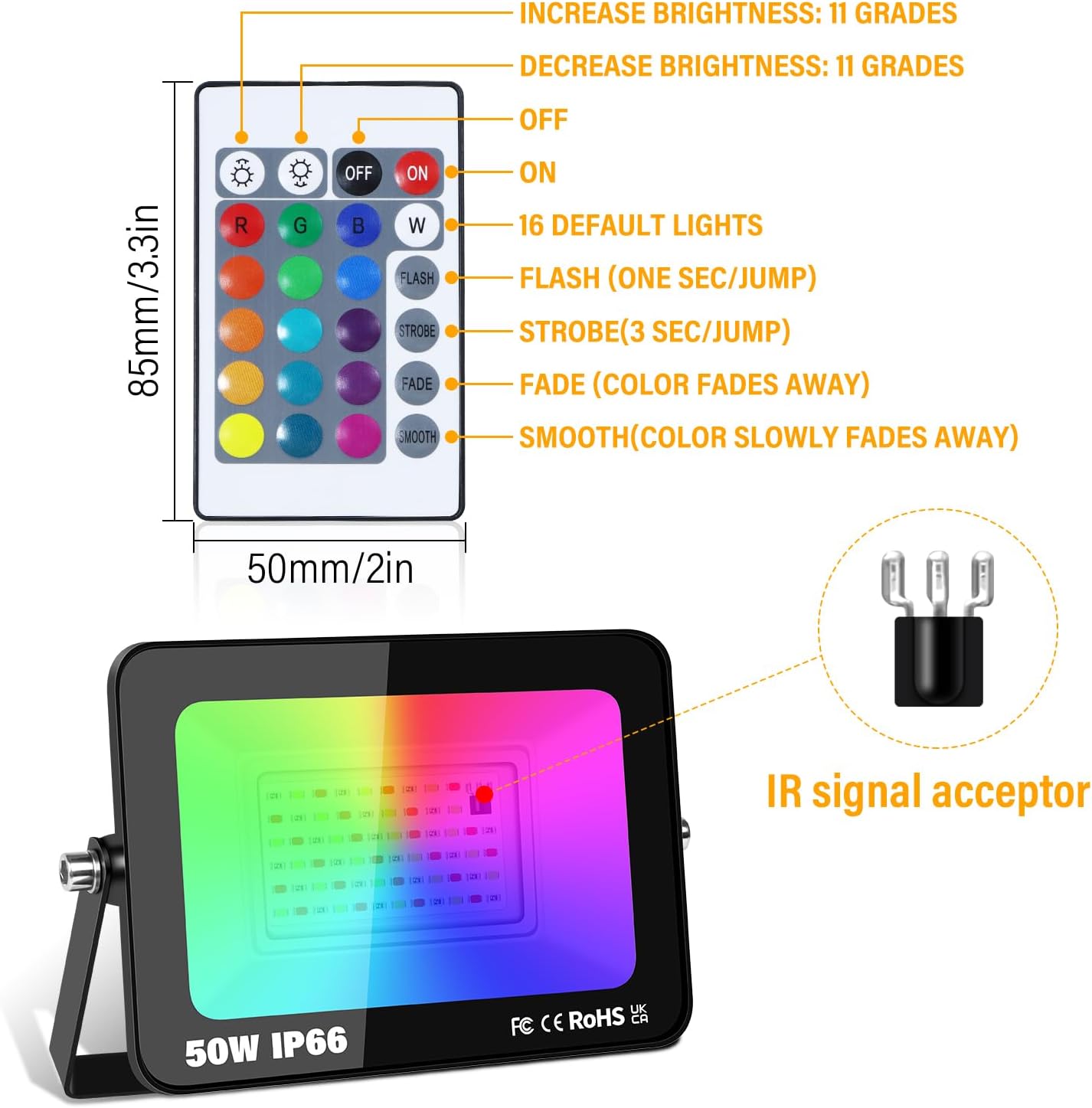 RIGIDON 2 x 50 W RGB LED Spotlight with Remote Control, 5000 LM RGBW Colour Changing Floodlight, 16 Colours, 4 Modes, Dimmable Floodlight Lamp for Party, Garden, Tree, Landscape, Disco Celebrations,