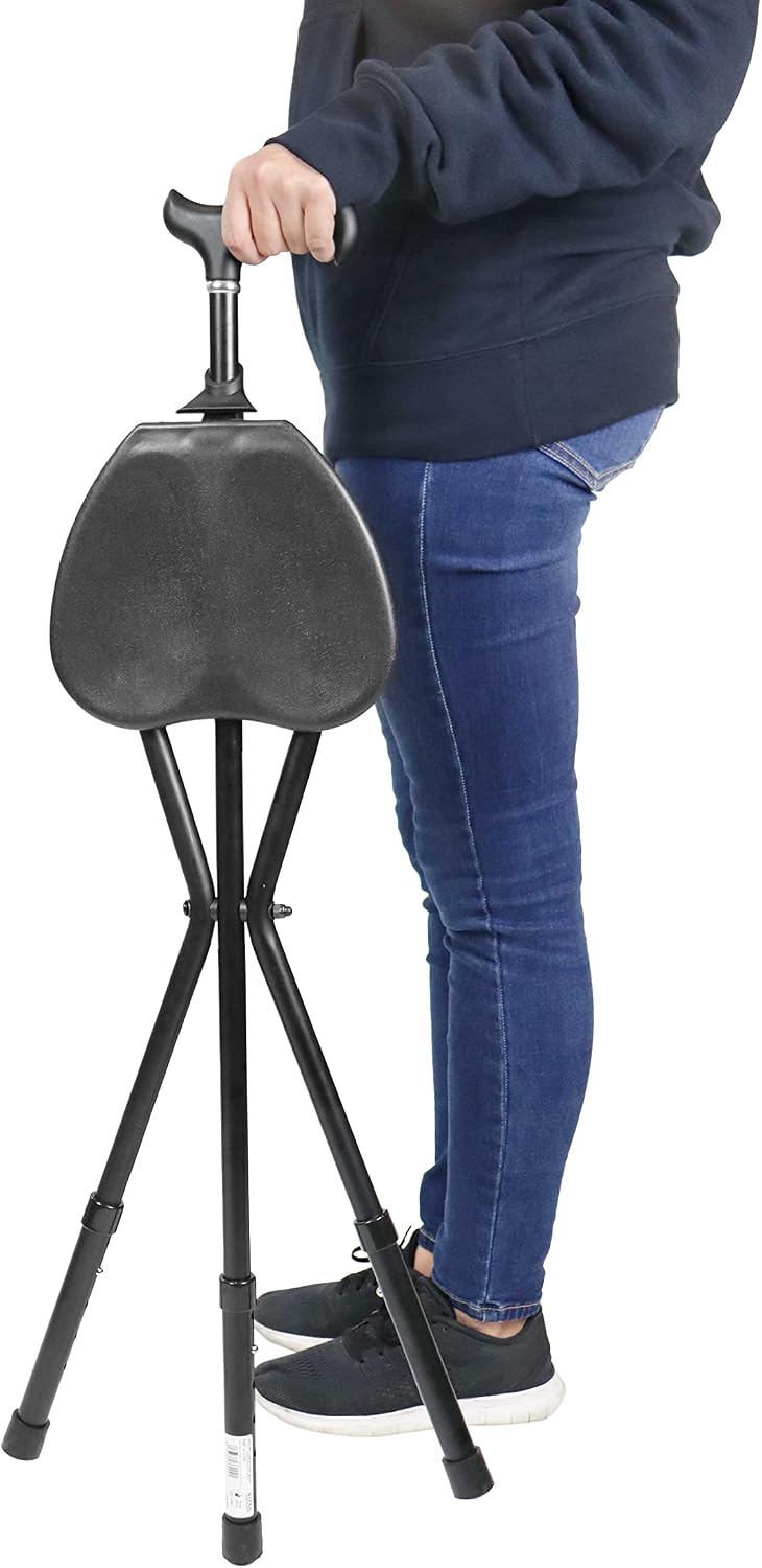 Baston pliabil cu scaun KMINA din aluminiu, 86-96 cm, negru
