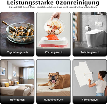 Ozone Generator 60,000 mg/h Ozone Device for 400 m², Portable O3 Ozone Air Purifier, Ozone Device with 120 Minute Timer, Odour Killer, Odour Neutraliser for Room, Office, Garage, Cars, Smoke and Pets