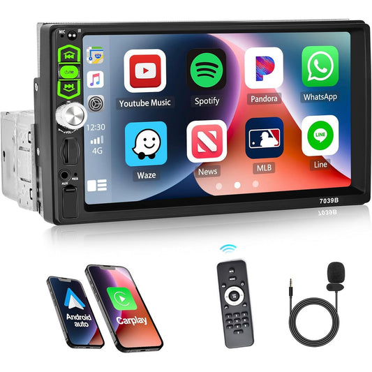CAMECHO 1 DIN Car Radio with CarPlay Android Car 7 Inch Screen with Bluetooth Touchscreen with Reversing Camera Mirror Link FM Radio SWC USB