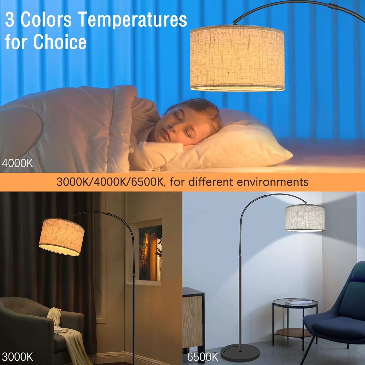 Fortand Arc Lamp Living Room Floor Lamp, LED Floor Lamp with 3 Colour Temperatures 12 W E27 Arch Light Modern Floor Lamp Reading Lamp with Linen Lampshade & Foot Switch Retro for Bedroom