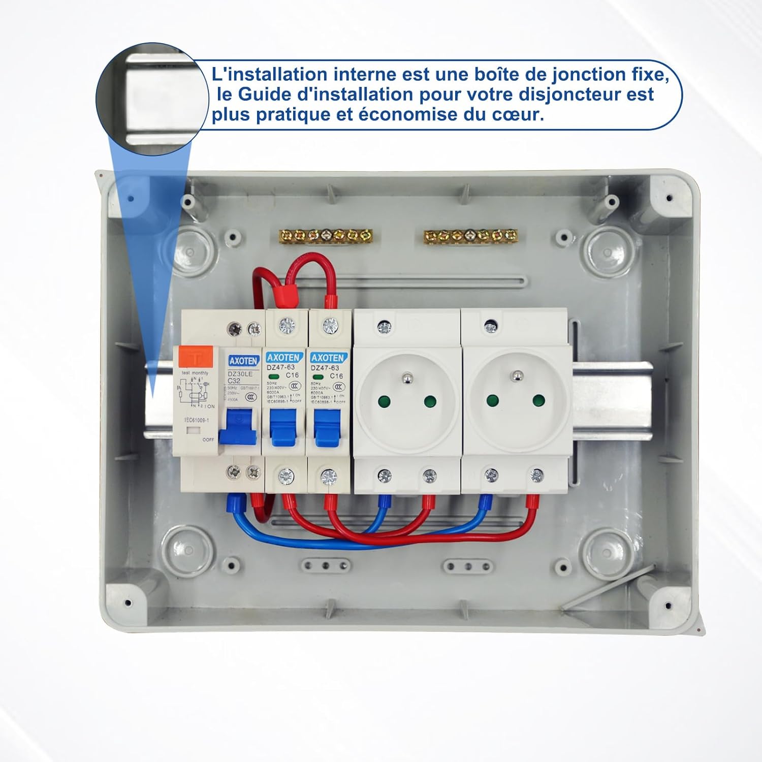 Boîte à fusibles en saillie IP65 01 Simmpatuu-Coffret électrique étanche IP65 équipé Livré,DZ 30mA AC Interrupteur de Fuite, 1 Disjoncteur 16A,2 prise modulaire 16A 2P+T