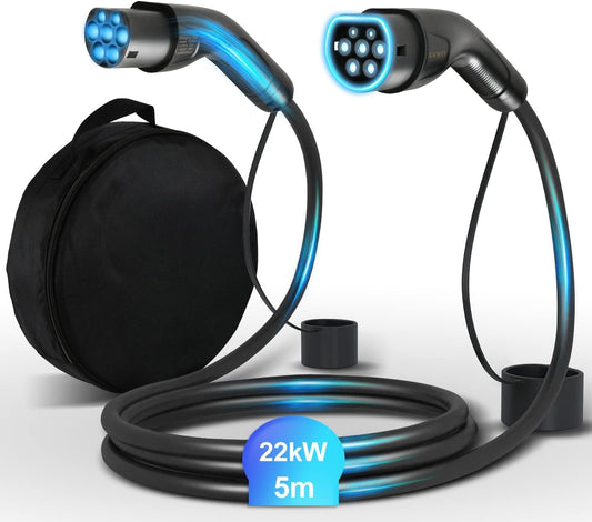 LVWIT EV Charging Cable 22 kW 3-Phase with Bag for Electric Car with Type 2 - Mode 3 Charging Cable Electric Car Type 2-32A Charging Cable Type 2 Compatible with Model 3/S/X/Y, i3, ID.3/4, E-Tron,