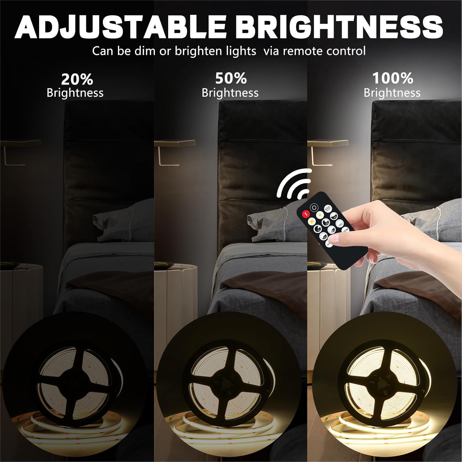 MOMKHBEY COB LED Strip 5 m, 4000 K Natural White LED Strip DC24 V with GS Power Supply, RF Remote Control, 480LEDs/M, CRI 93+, 8 mm Width, Dimmable LED Light Strips for Bedroom, Kitchen, Home